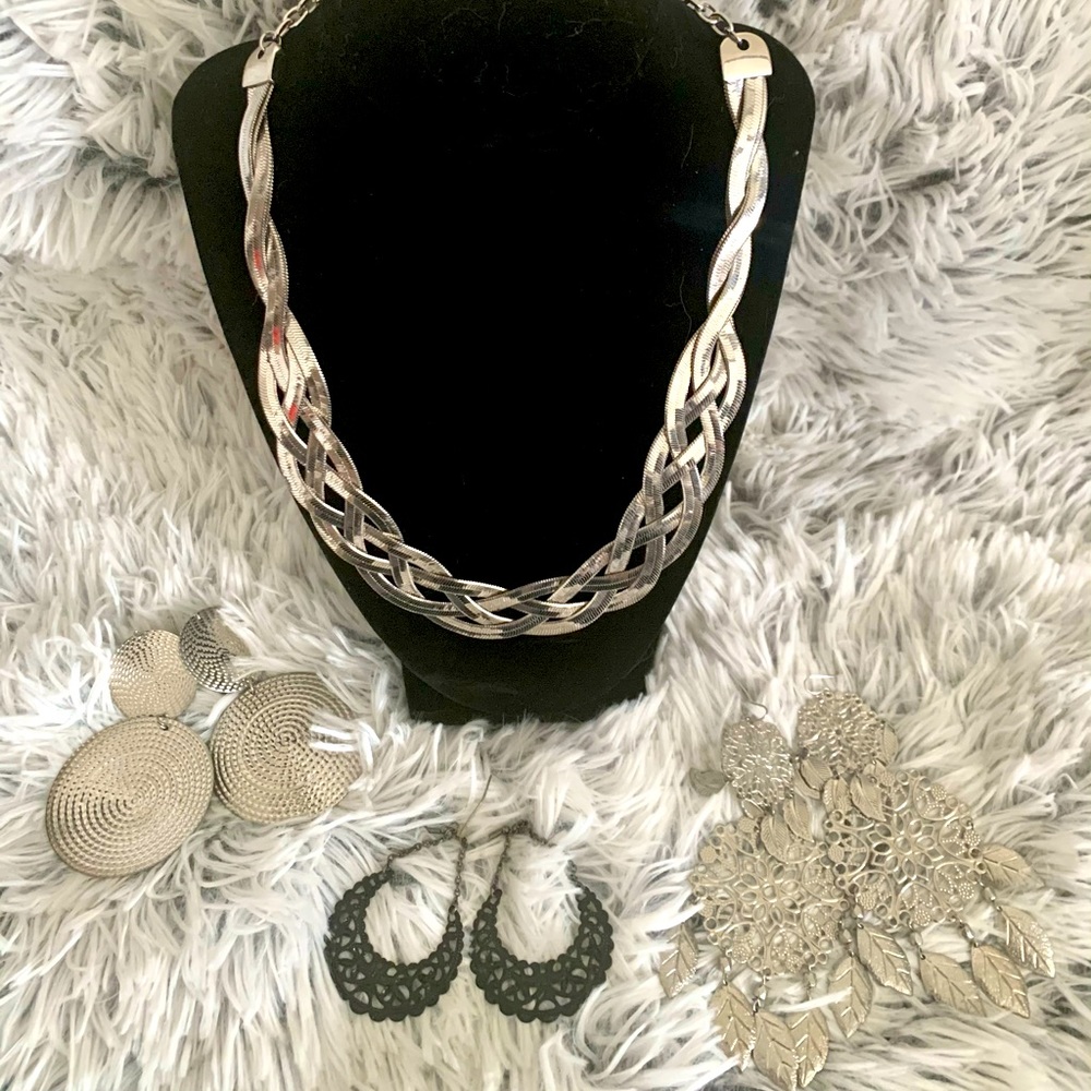 Silver Necklace and 3 pair of earrings